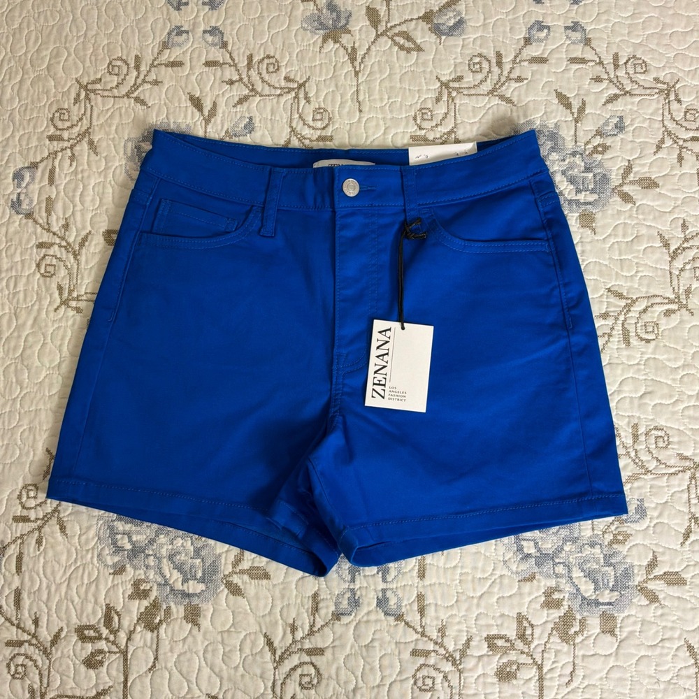 Zenana Shorts Womens Large Blue New High Rise Stretch 5-Pocket Twill 0521
